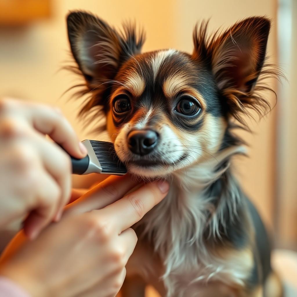 A small dog being gently brushed during a grooming session